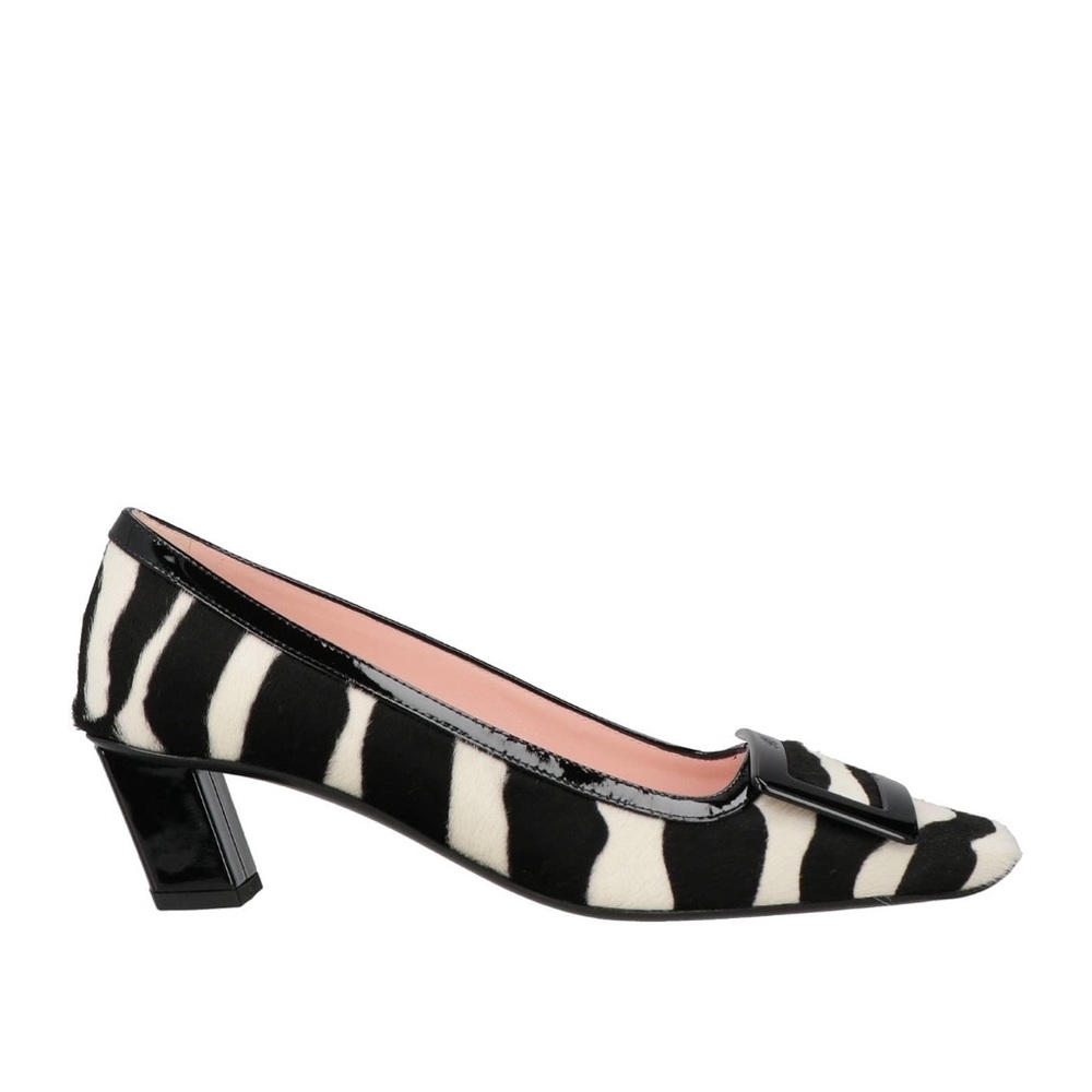 Roger Vivier zebra calf hair power pump with black patent buckle and 45mm heel